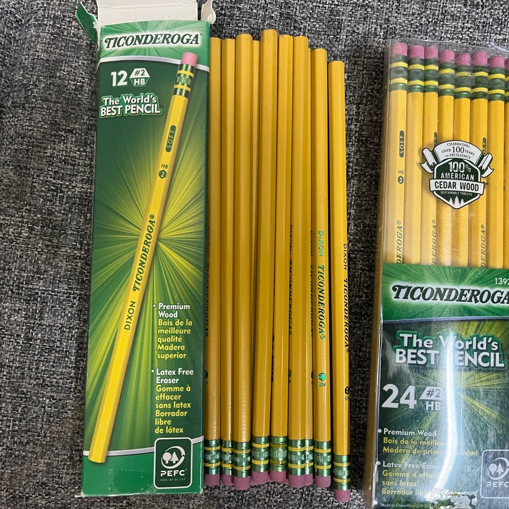 Ticonderoga pencils 24 #2 HB 
Ticonderoga pencils 12 #2 HB
Sharpie highlighter